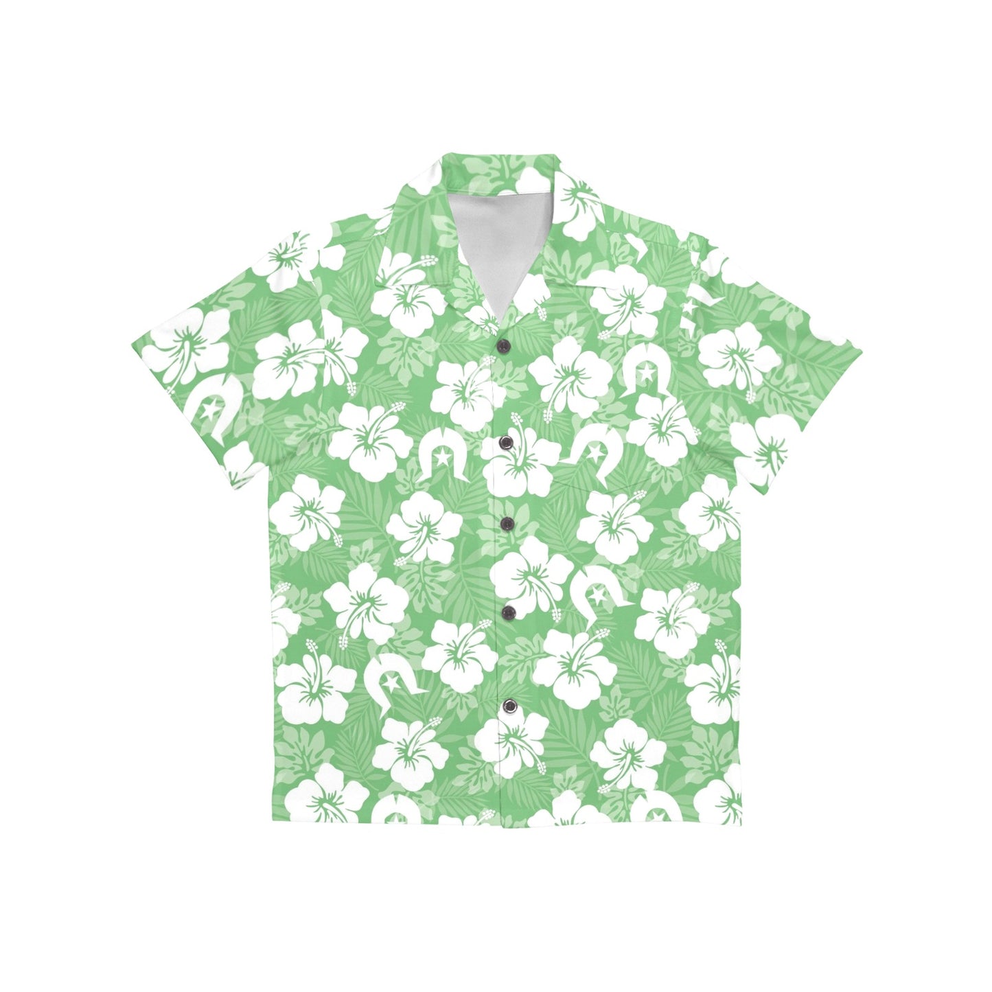White Hibiscus and Dhari (Green) on Little Boys' Hawaiian Shirt