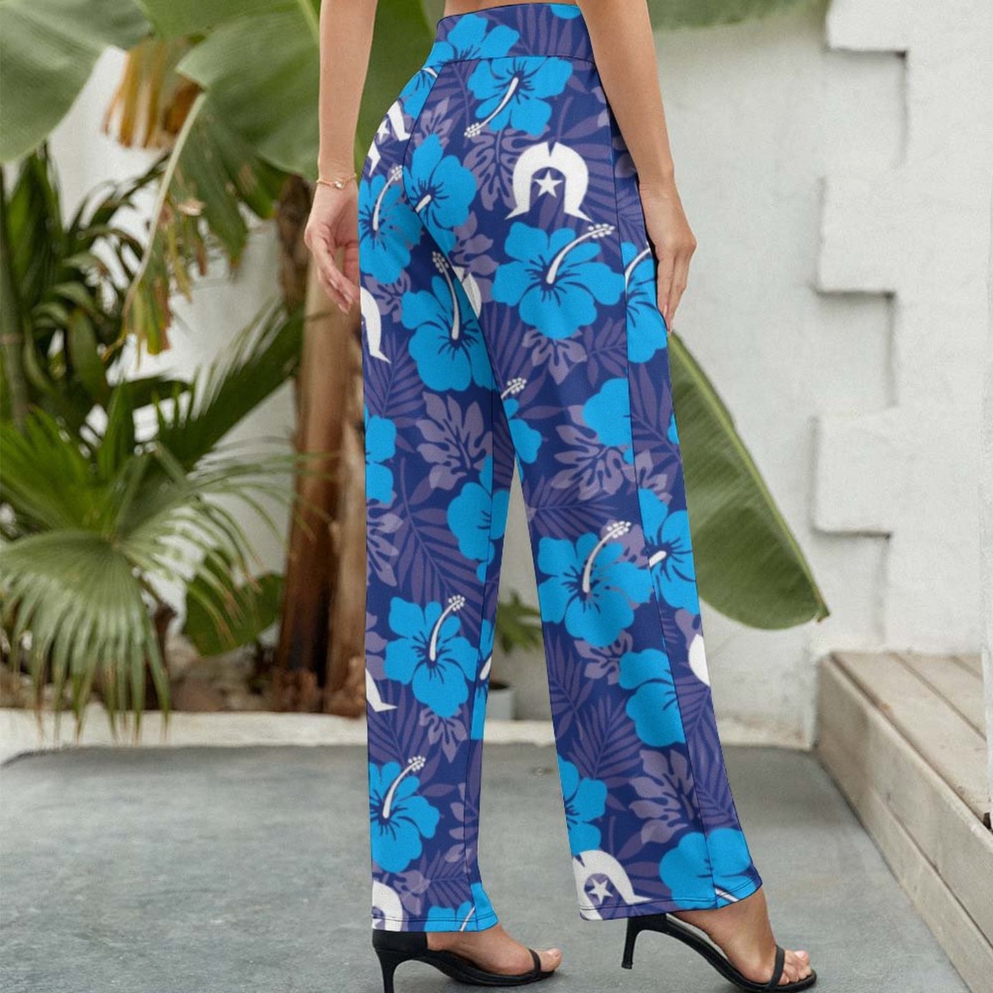 Hibiscus flowers with White Dhari (Royal blue) on Baggy Pants for Women