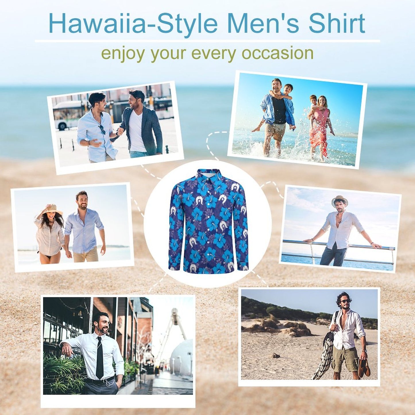 Hibiscus flowers with White Dhari (Royal blue) on Men's Long Sleeve Shirt