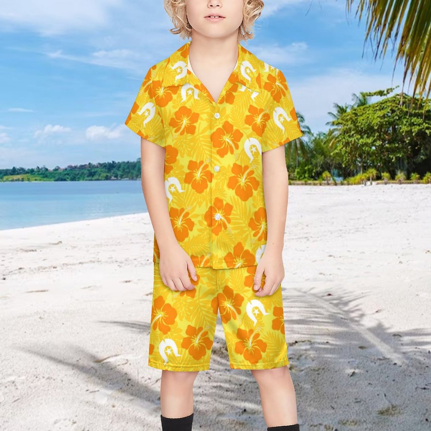 Hibiscus flowers with Dhari (Gold) on Youth's/Kids Casual Beach Outfit