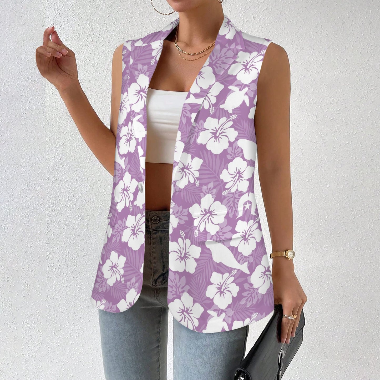 White Hibiscus flowers with Dugong, Turtle and Dhari on Women Sleeveless Suit Vest