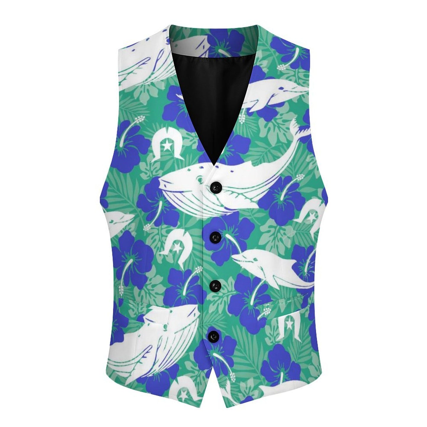 Royal Blue Hibiscus flowers with Whale, Dolphin and Dhari on Men's Sleeveless Suit Vest