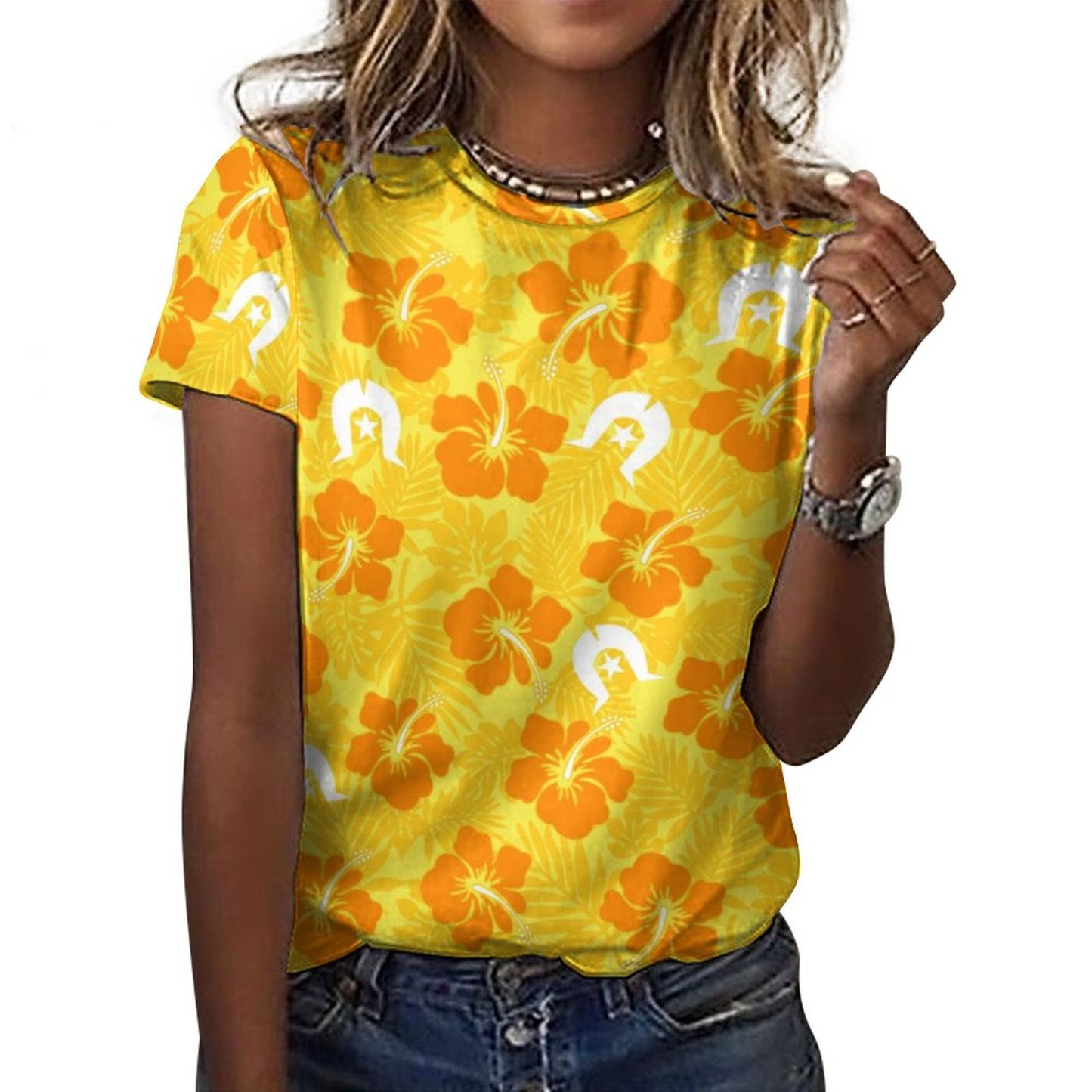 Hibiscus flowers with Dhari (Gold) on Cotton Summer Short Sleeve T-Shirts for Women