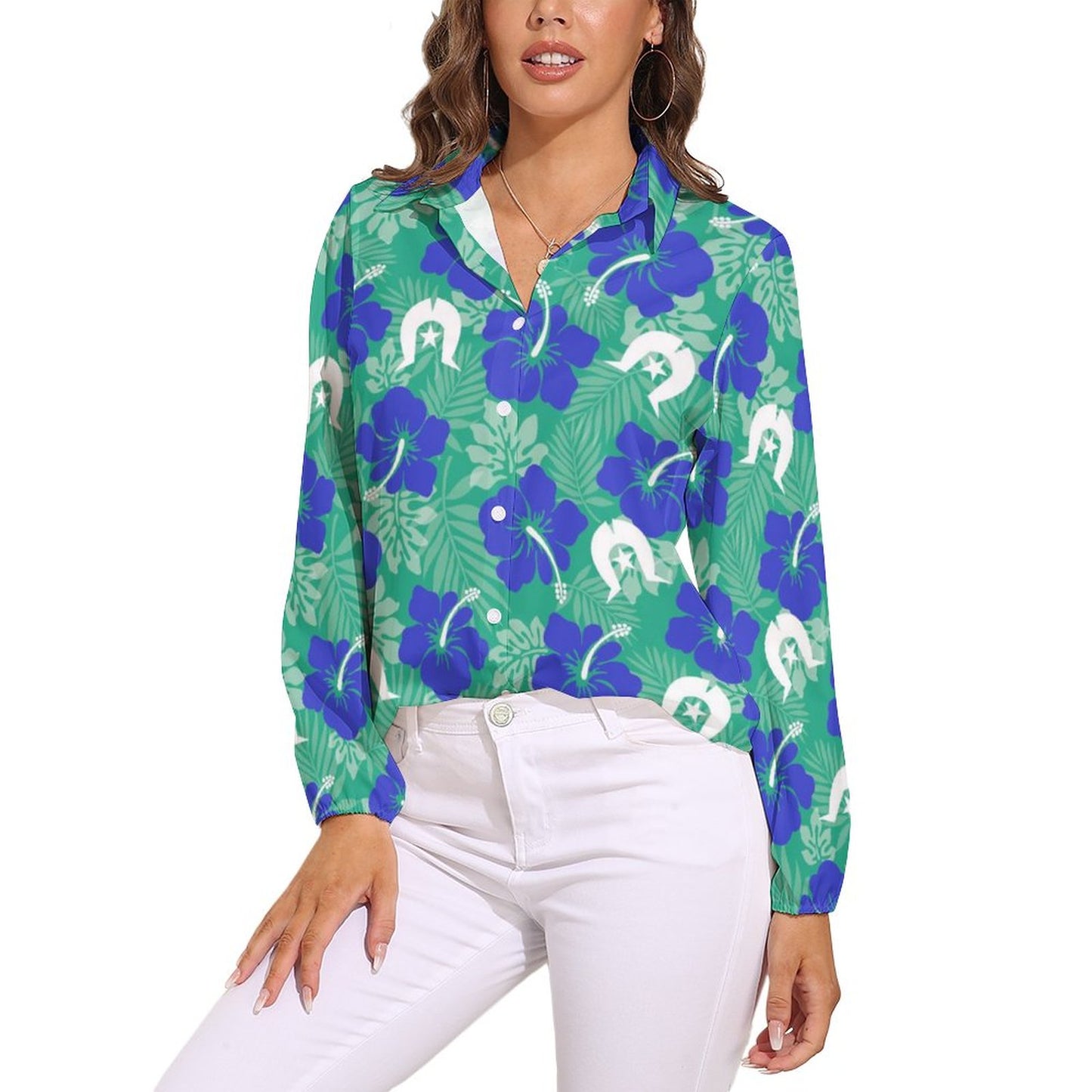 Royal Blue Hibiscus flowers with Dhari on Casual Long Sleeve Vintage Tour Shirt