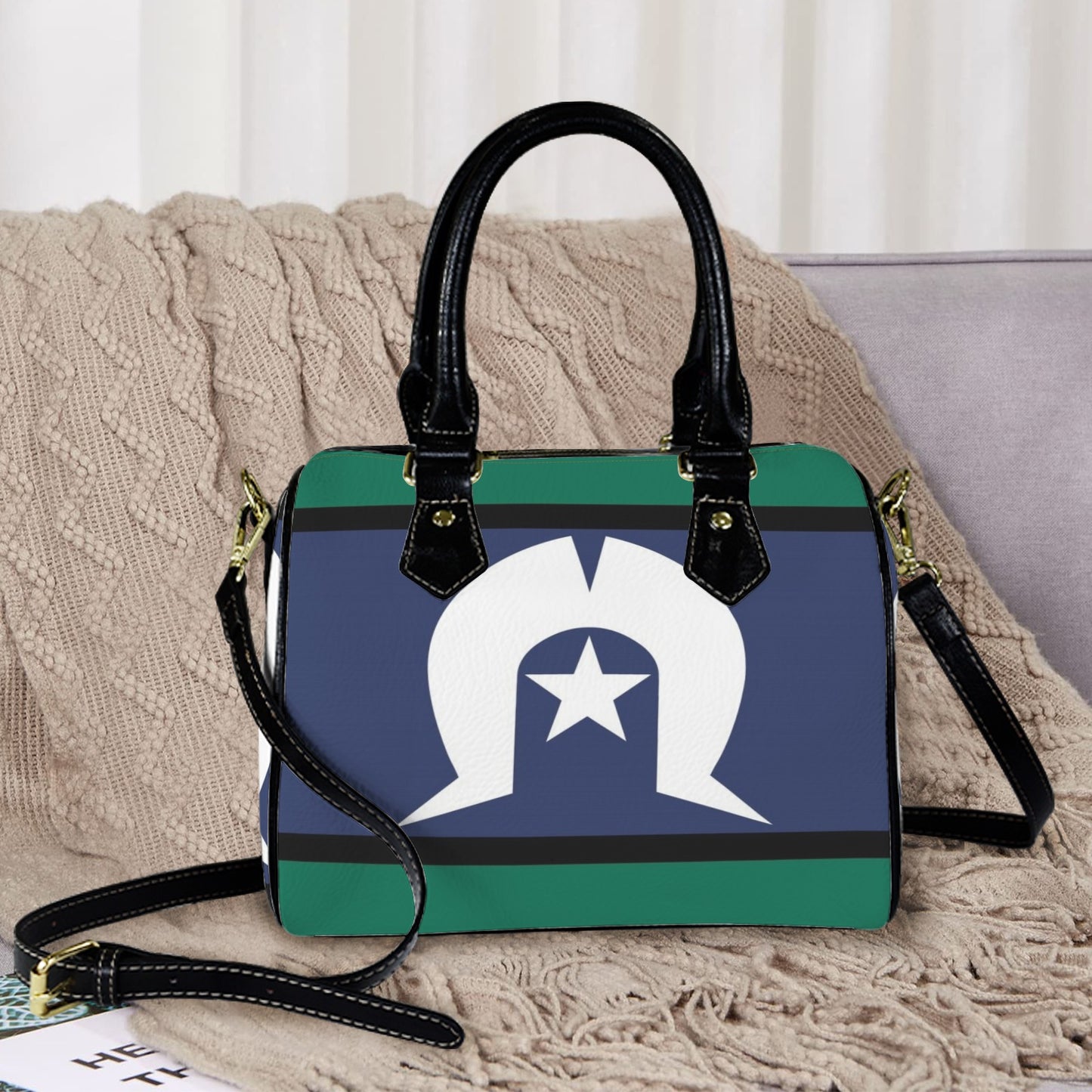 Torres Strait flag on Handbag-Black Handle