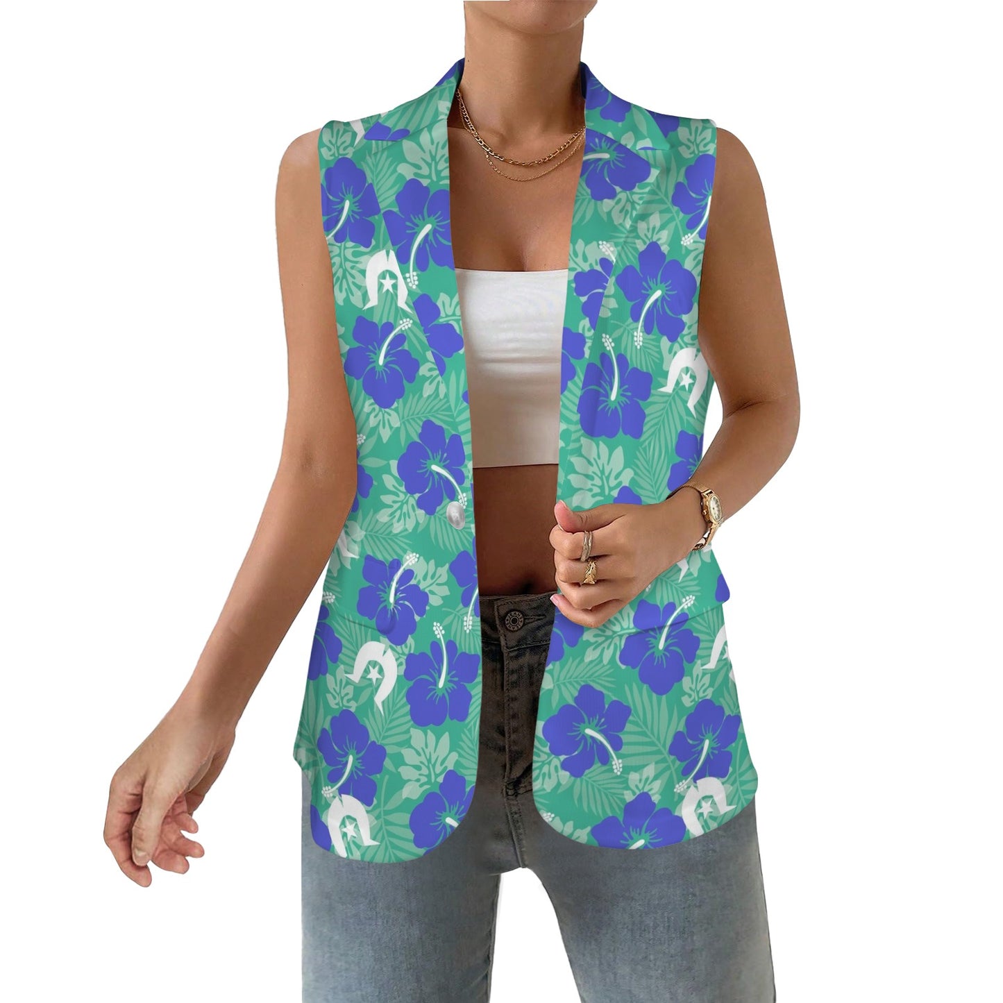 Royal Blue Hibiscus flowers with Dhari on vest Women Sleeveless Suit Vest