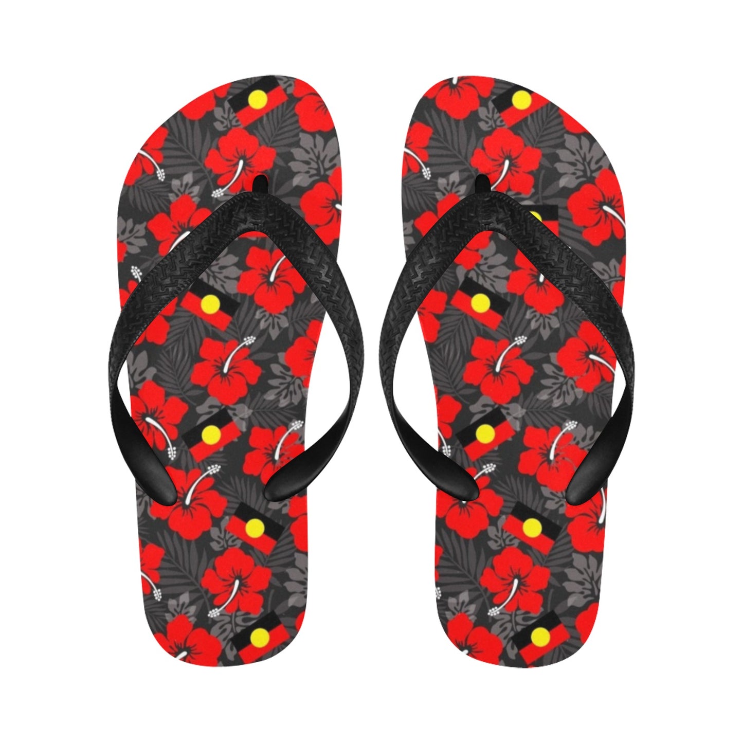 Royal Red Hibiscus and Aboriginal flag on Flip Flops (For both Men and Women)