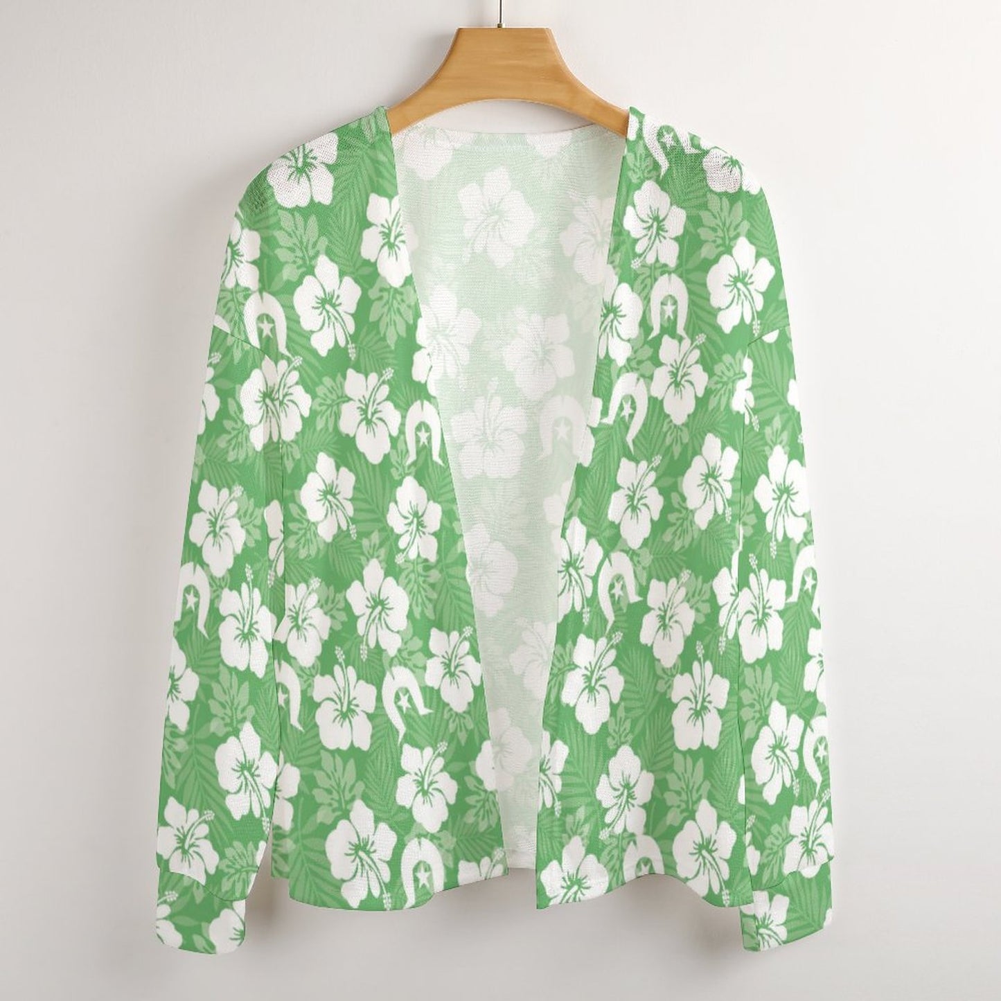 White Hibiscus flowers with Dhari (Green) on Long Sleeve Drop Shoulder Open Shirt