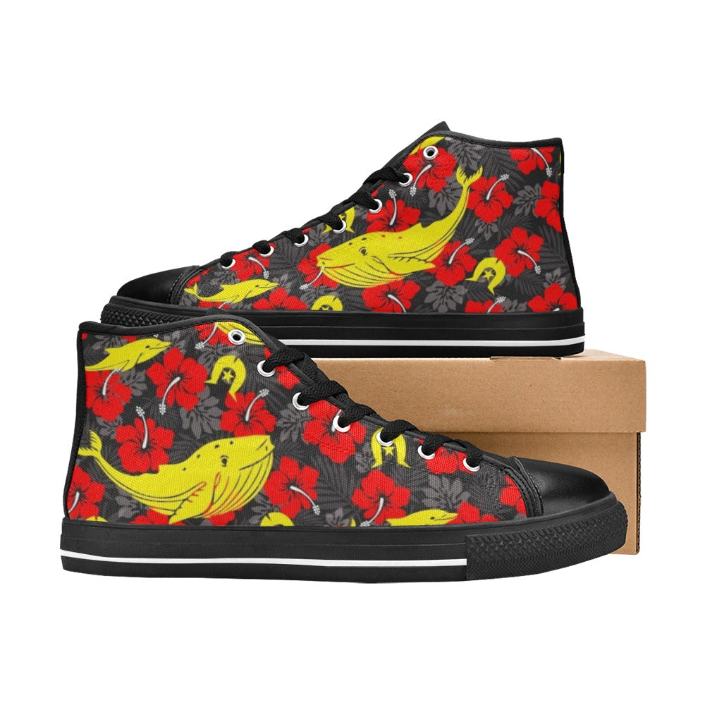 Royal Red Hibiscus with Yellow Dhari, Whale and Dolphin on Women's High Top Canvas Shoes