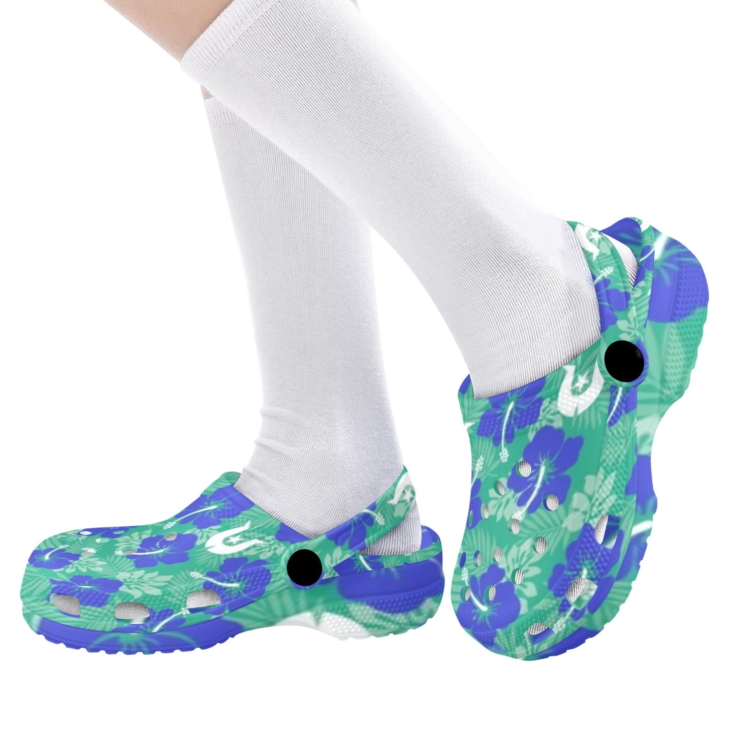 Royal Blue Hibiscus flowers with Dhari on Kids Clogs