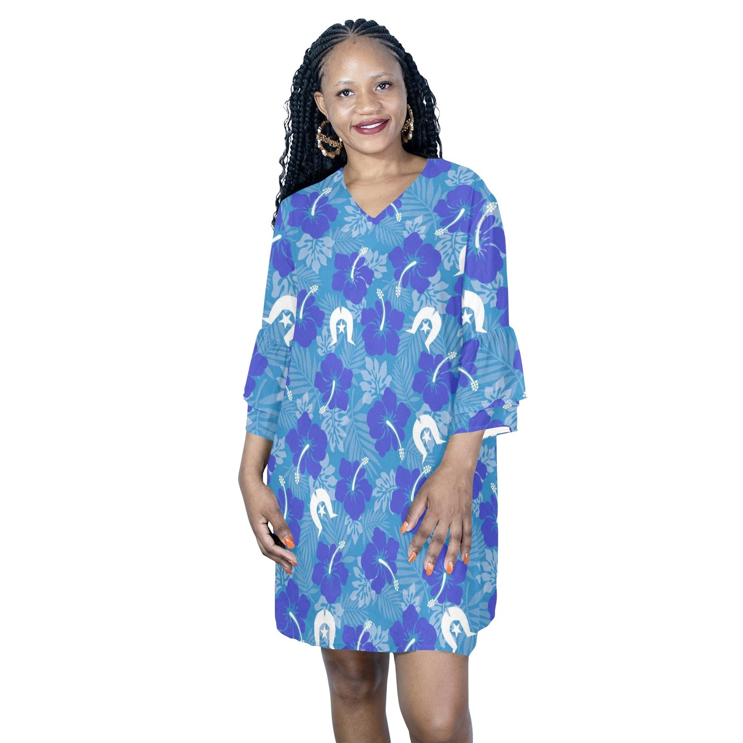 Hibiscus flowers with Dhari (Royal blue) on Half Sleeves V-Neck Mini Dress