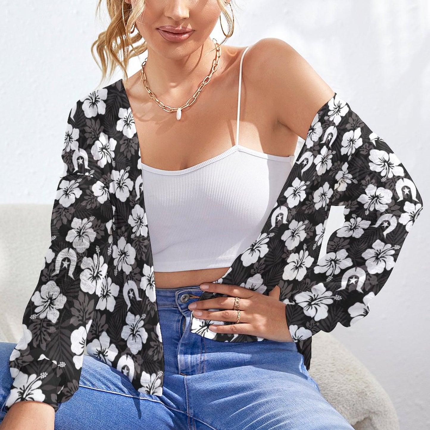 White Hibiscus and Dhari (Black) on Long Sleeve Drop Shoulder Open Shirt