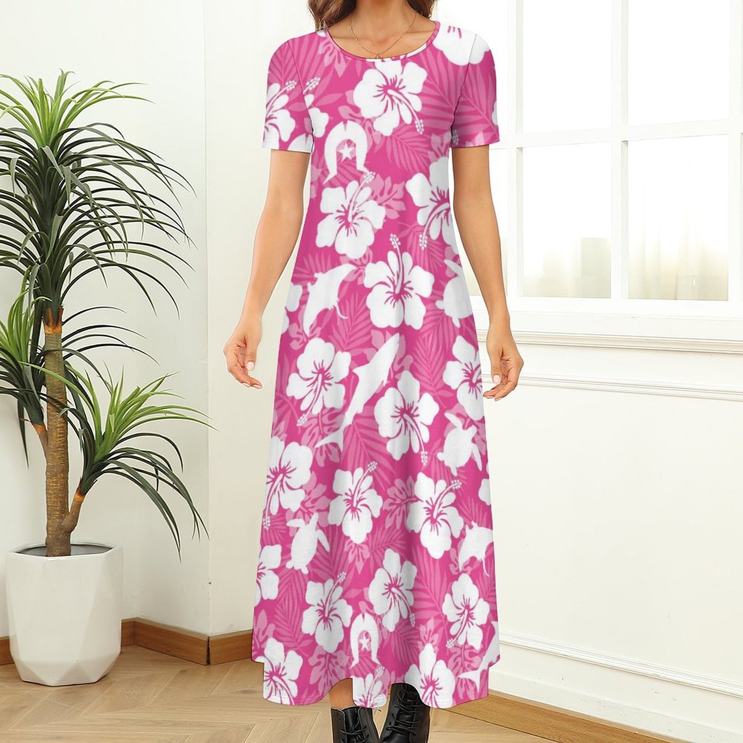White hibiscus flowers with Dhari, Shark, turtle, and stingray (Pink) on Round Neck Short Sleeve Dress