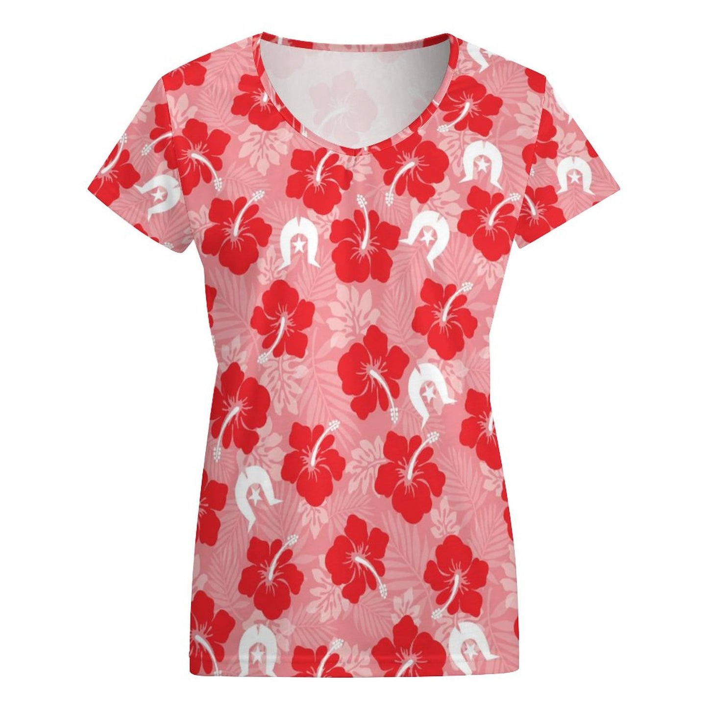 Hibiscus flowers with Dhari (Royal Pink) on V-neck Short Sleeve T-Shirt