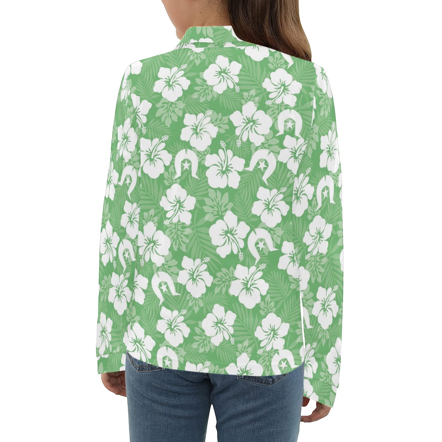 White Hibiscus and Dhari (Green) on Big Girls' Long Sleeve Polo Shirt