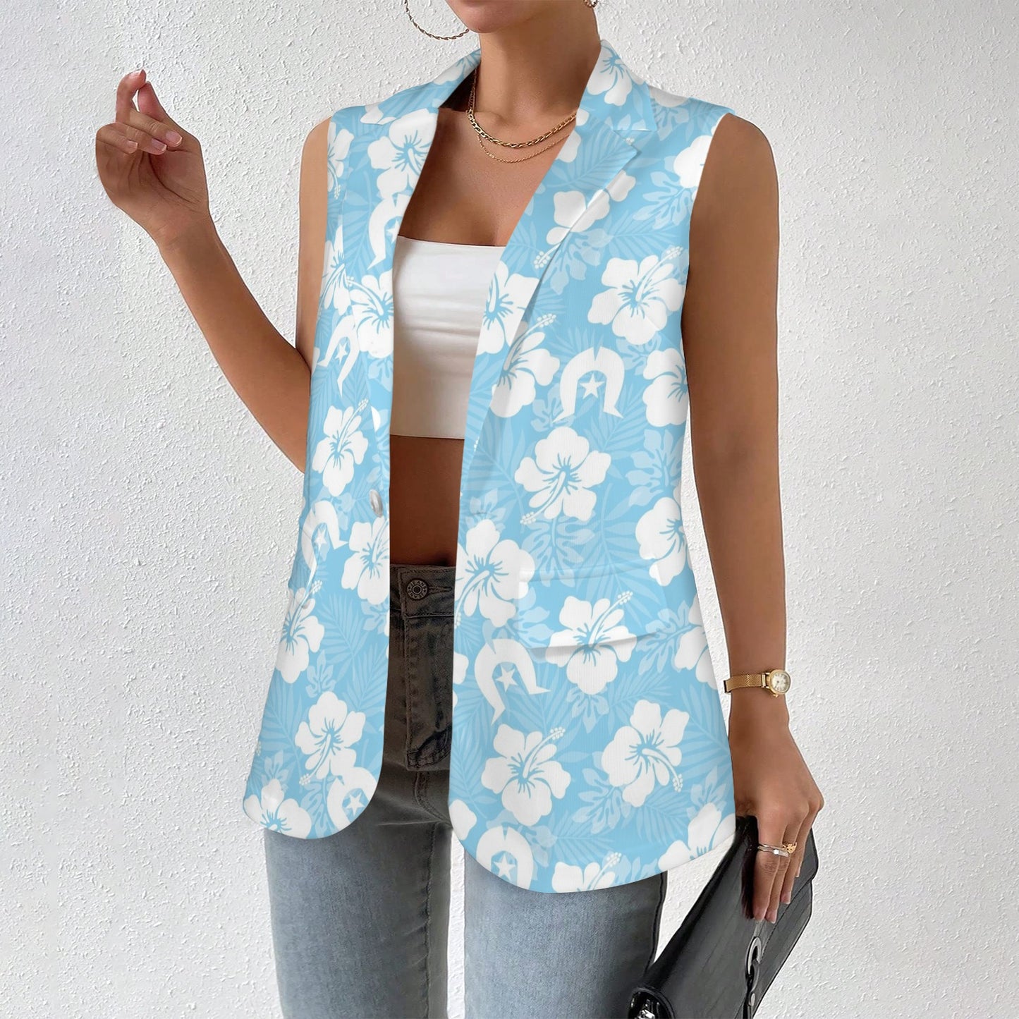 White Hibiscus and Dhari (blue) on Women Sleeveless Suit Vest