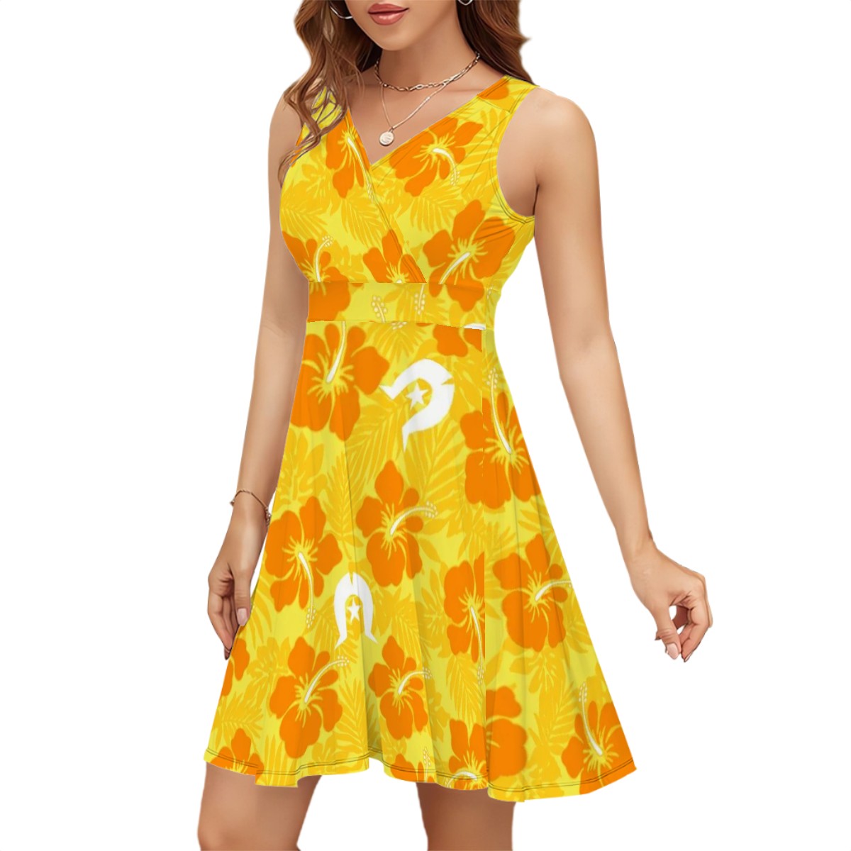 Hibiscus flowers with Dhari (Gold) on Sleeveless V Neck Dress