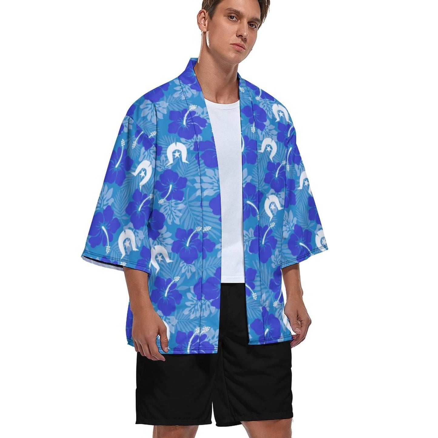Hibiscus flowers with Dhari (Royal blue) on Drop Shoulder Male Kimono Cardigan