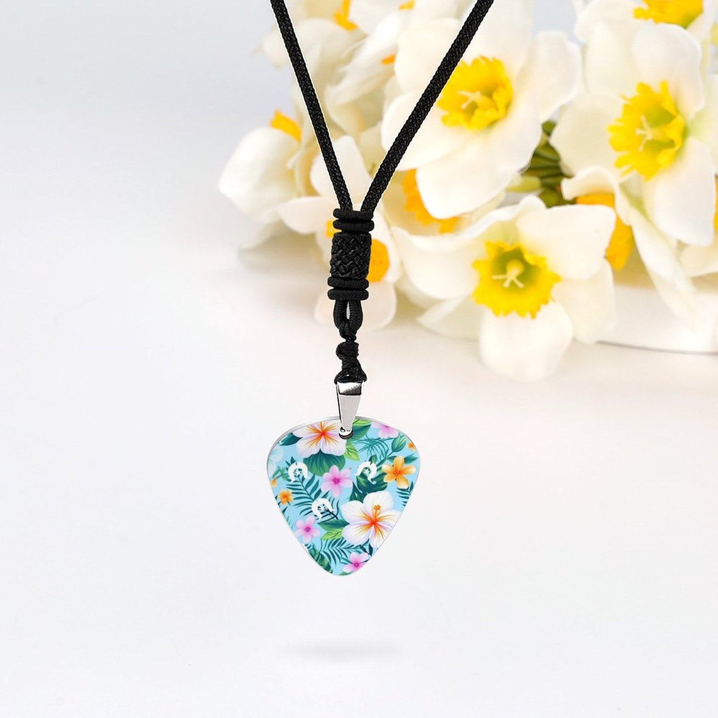 Pink Hibiscus flowers with White Dhari on Trendy Guitar Pick Necklace