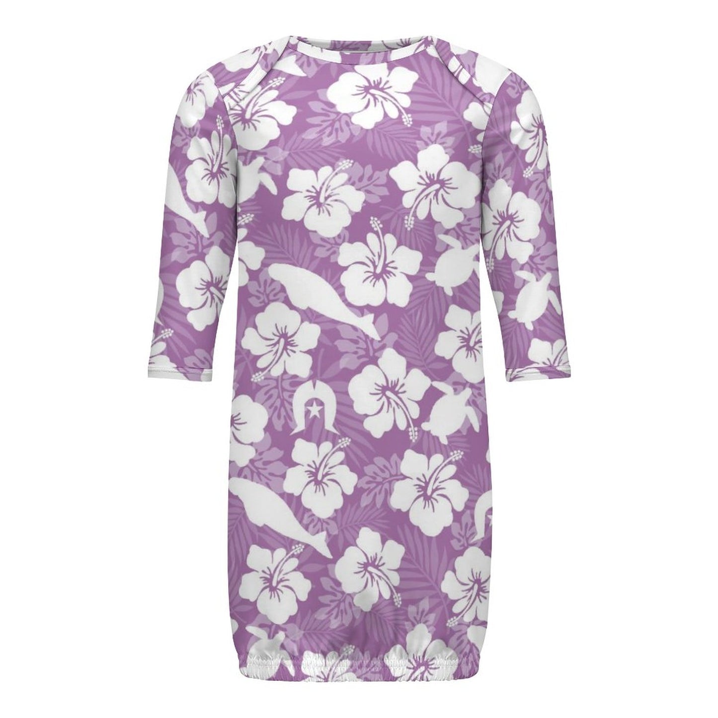 White Hibiscus flowers with Dugong, Turtle and Dhari on Baby Faux Cotton Sleeper Gown