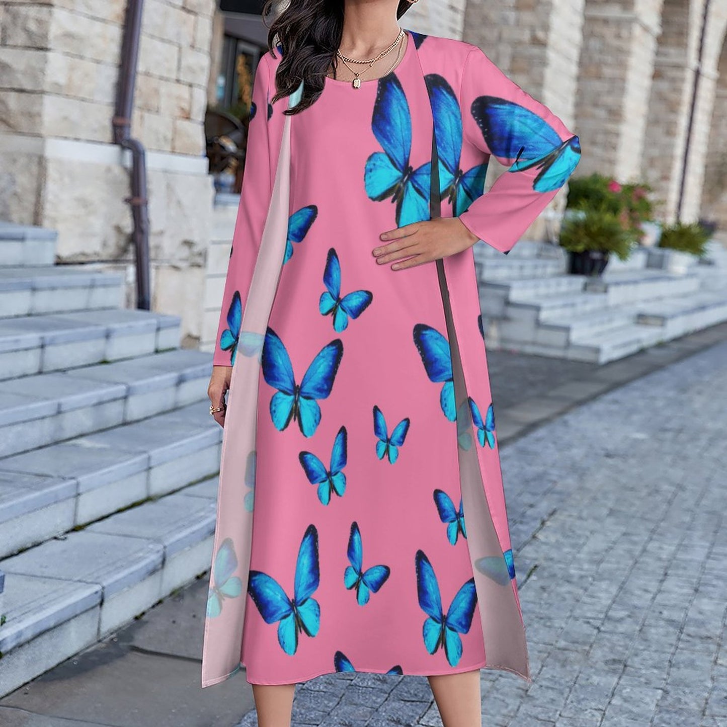 Blue Butterflies on Long Dress Set