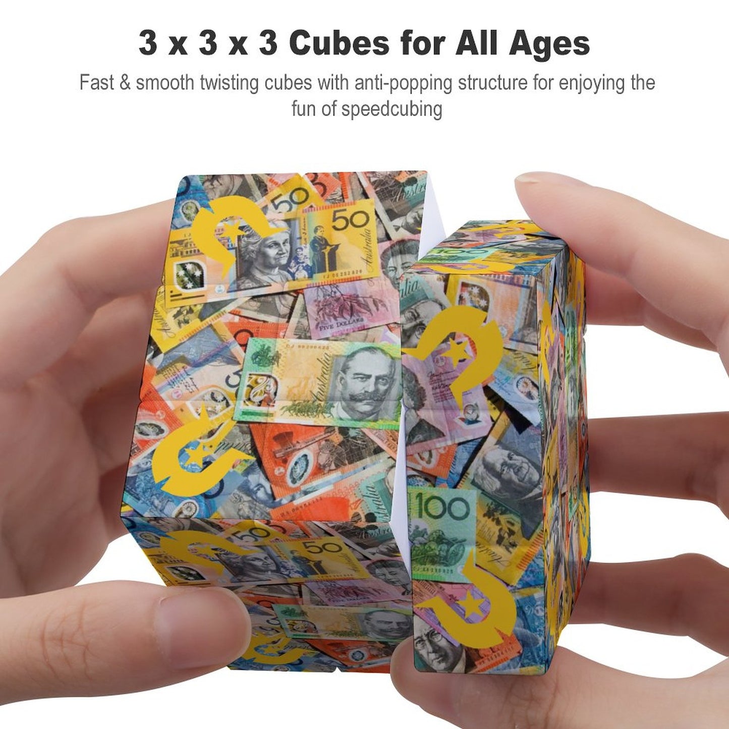 Gold coloured Dhari with Australian money (Version 2) on 3x3 Magic Cube (One-sided Printing)
