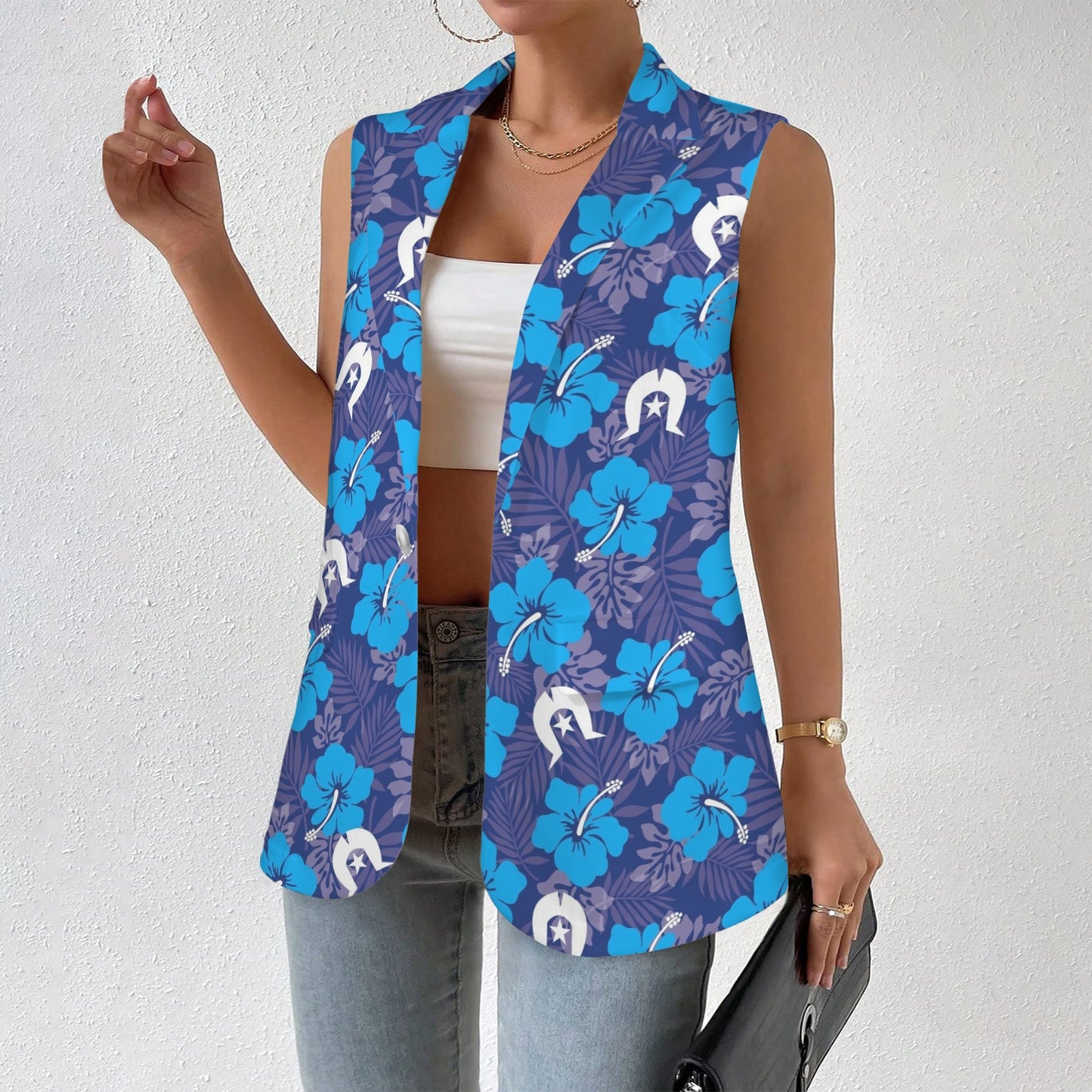 Hibiscus flowers with White Dhari (Royal blue) on Women Sleeveless Suit Vest