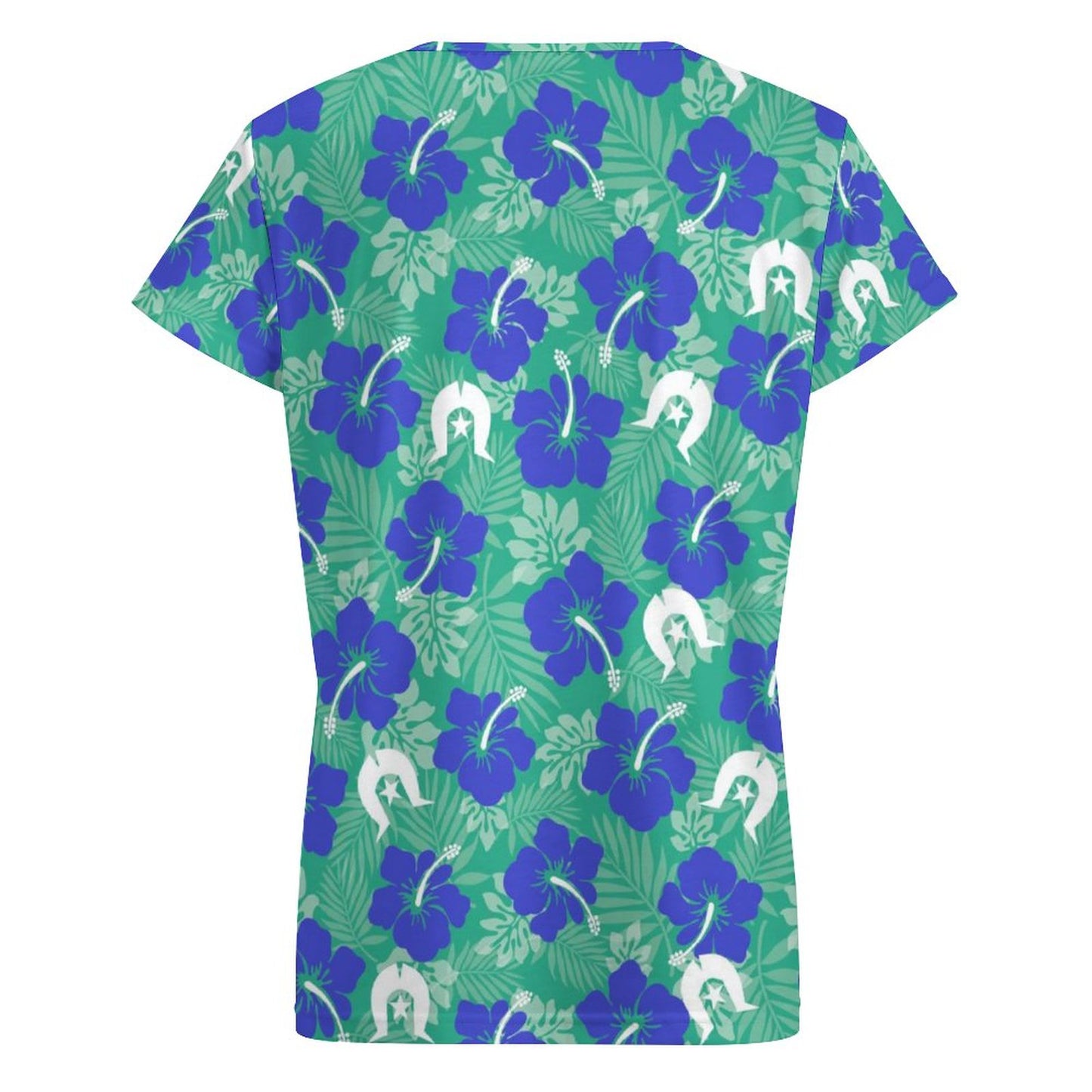 Royal Blue Hibiscus flowers with Dhari on V-neck Short Sleeve T-Shirt
