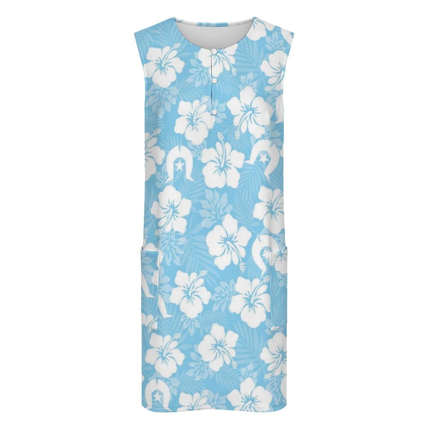 White Hibiscus and Dhari (blue) on Sleeveless Pocket Dress