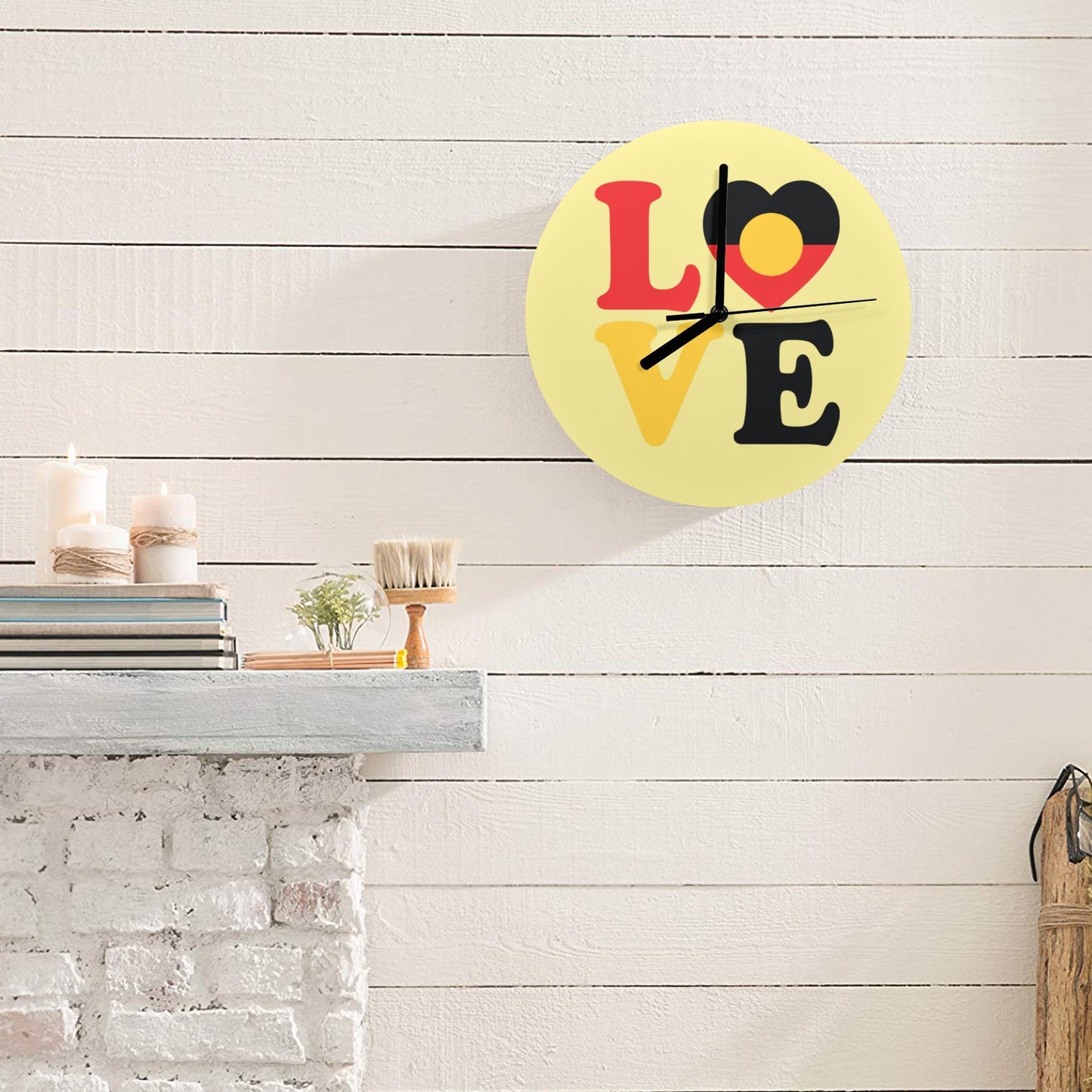 Aboriginal flag with LOVE on Wall Clock
