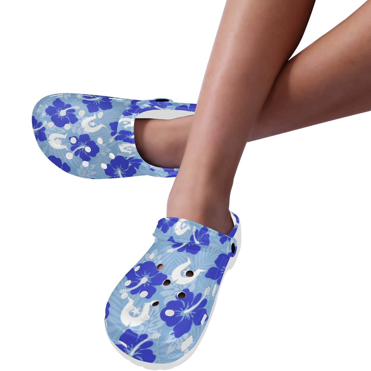 Hibiscus flowers with White Dhari (Sky blue) on Adults Clogs