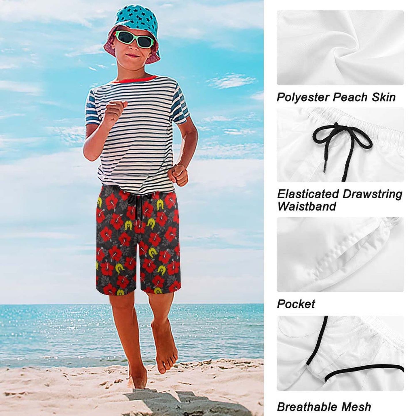 Royal Red Hibiscus with Yellow Dhari on Kid's Beach Pants