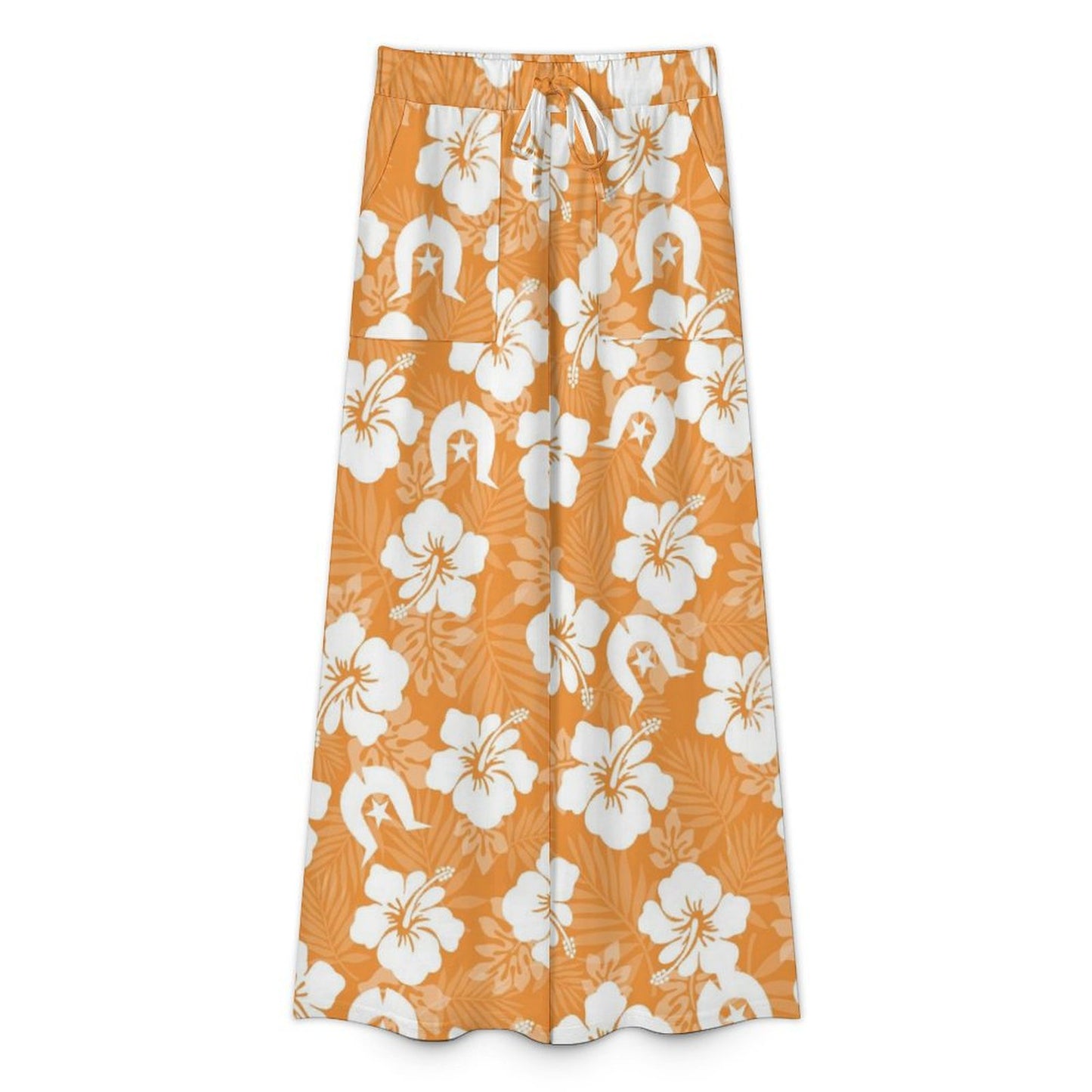 White Hibiscus flowers with Dhari (Orange) on Women’s Wide-Leg Pants