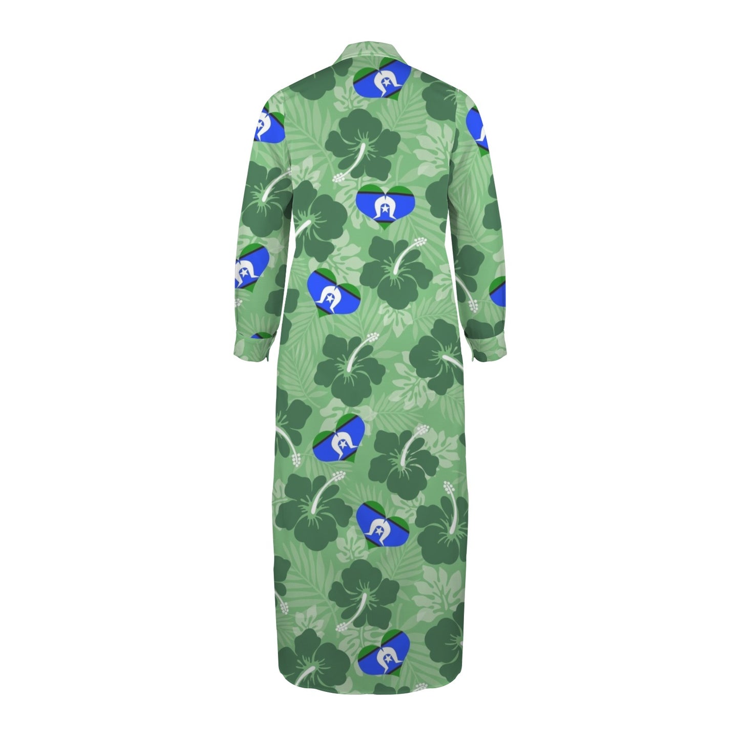 Hibiscus flowers with heart shaped Torres Strait flag (Sea Grass Green) on Button Long Sleeve Shirt Dress