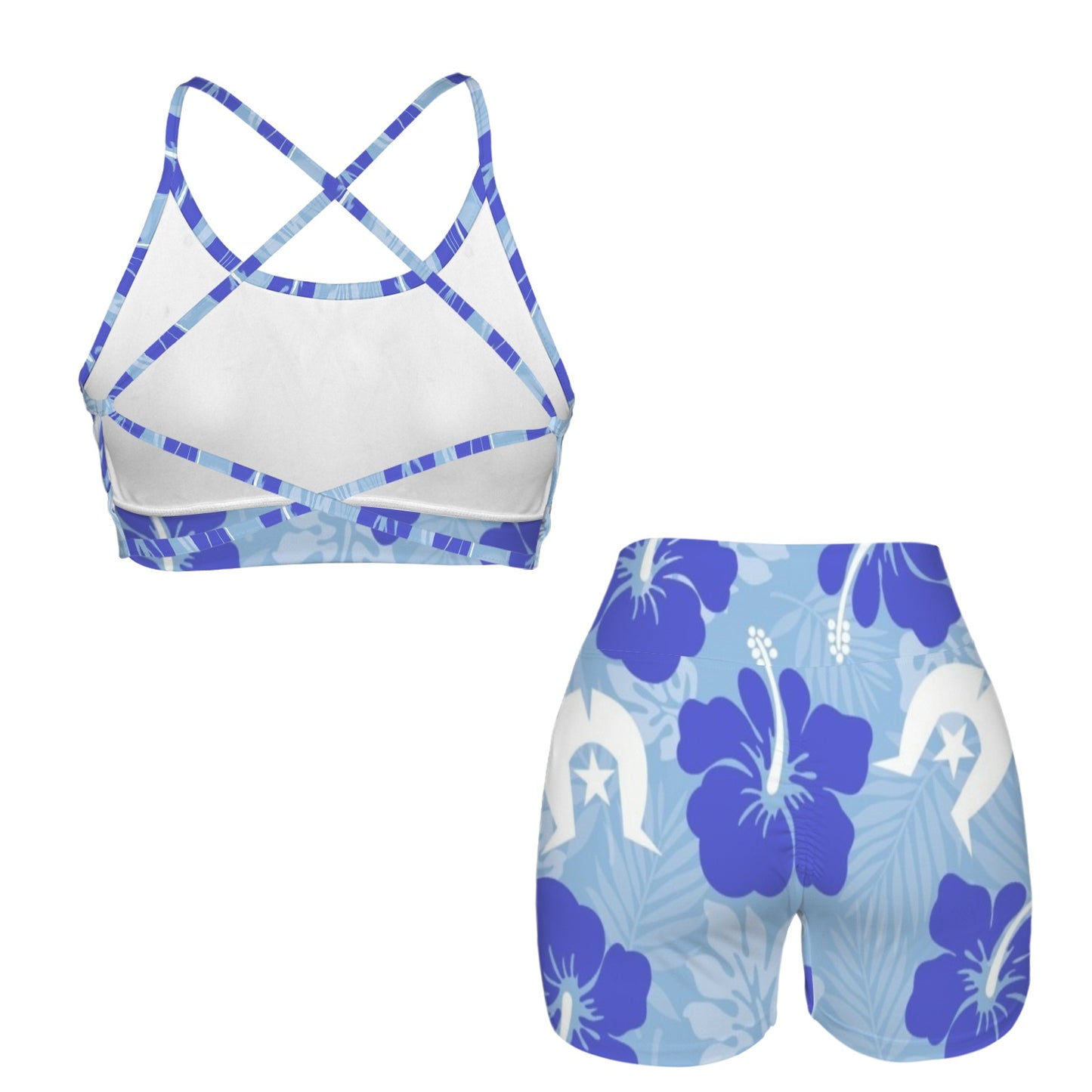 Hibiscus flowers with White Dhari (Sky blue) on Cross Back String Sports Bra & High Waist Shorts Active Sets