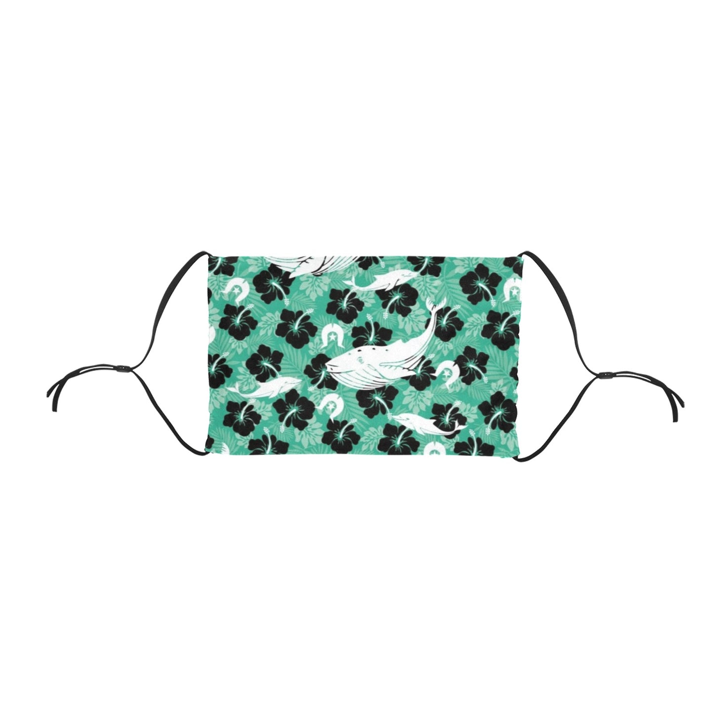 Black Hibiscus with Whale, Dolphin and Dhari on Cotton Facemask with Adjustable Strip (ModelM07) (Made In AUS)