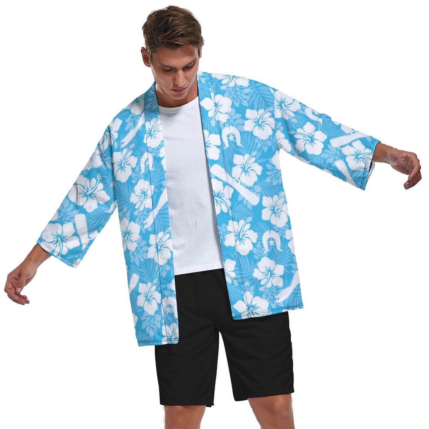 White Hibiscus flowers, Warup and Dhari on Drop Shoulder Male Kimono Cardigan