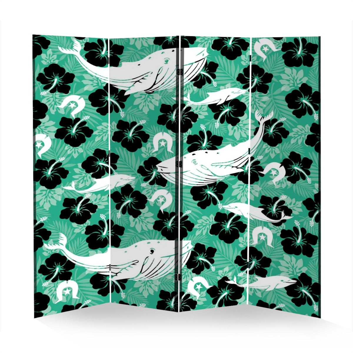 Black Hibiscus with Whale, Dolphin and Dhari on Room Divider Folding Screen 4 Panel