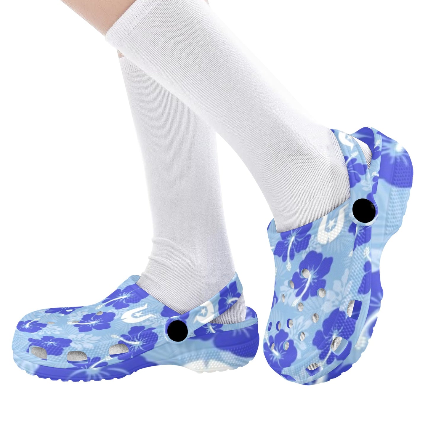 Hibiscus flowers with White Dhari (Sky blue) on Kids Clogs