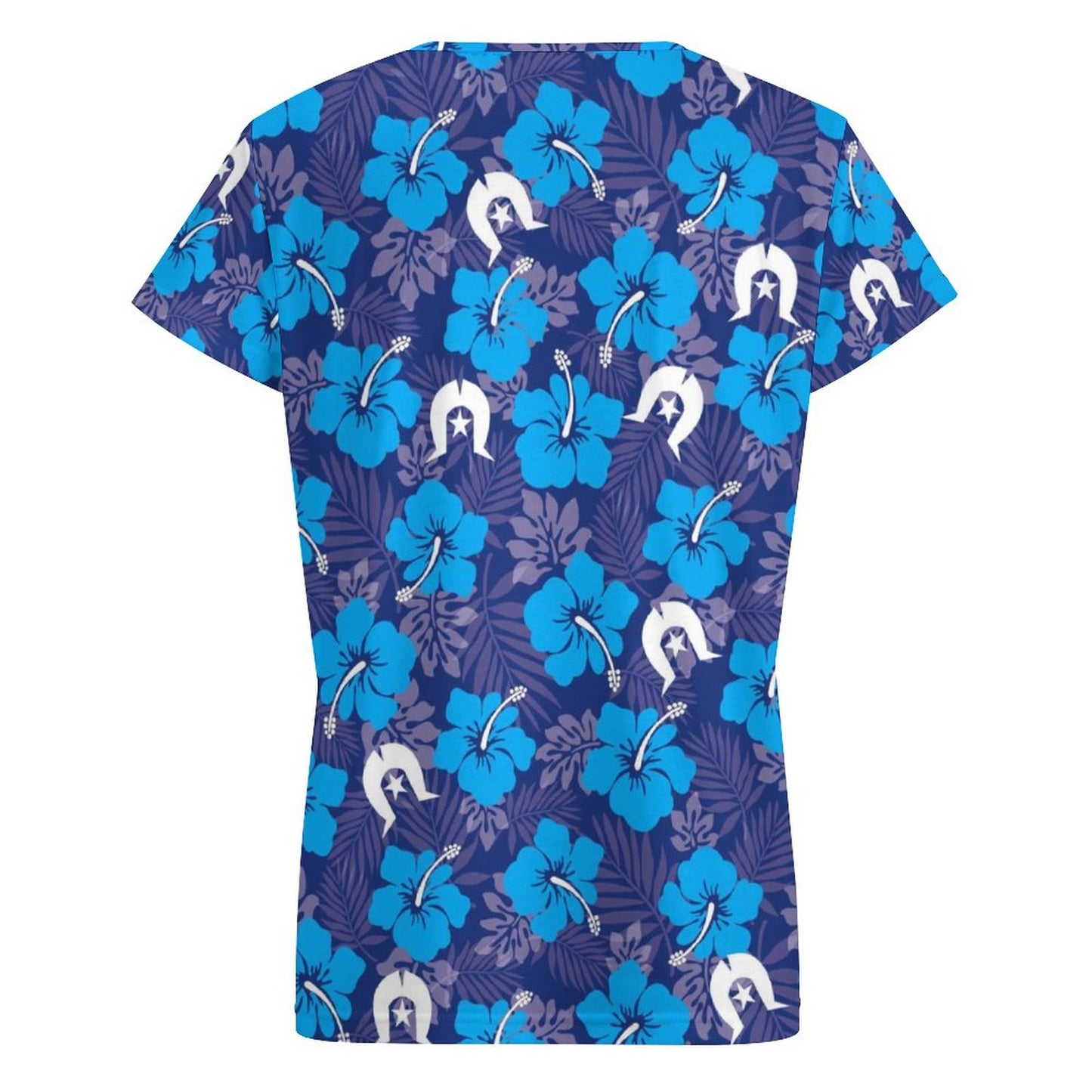 Hibiscus flowers with White Dhari (Royal blue) on V-neck Short Sleeve T-Shirt