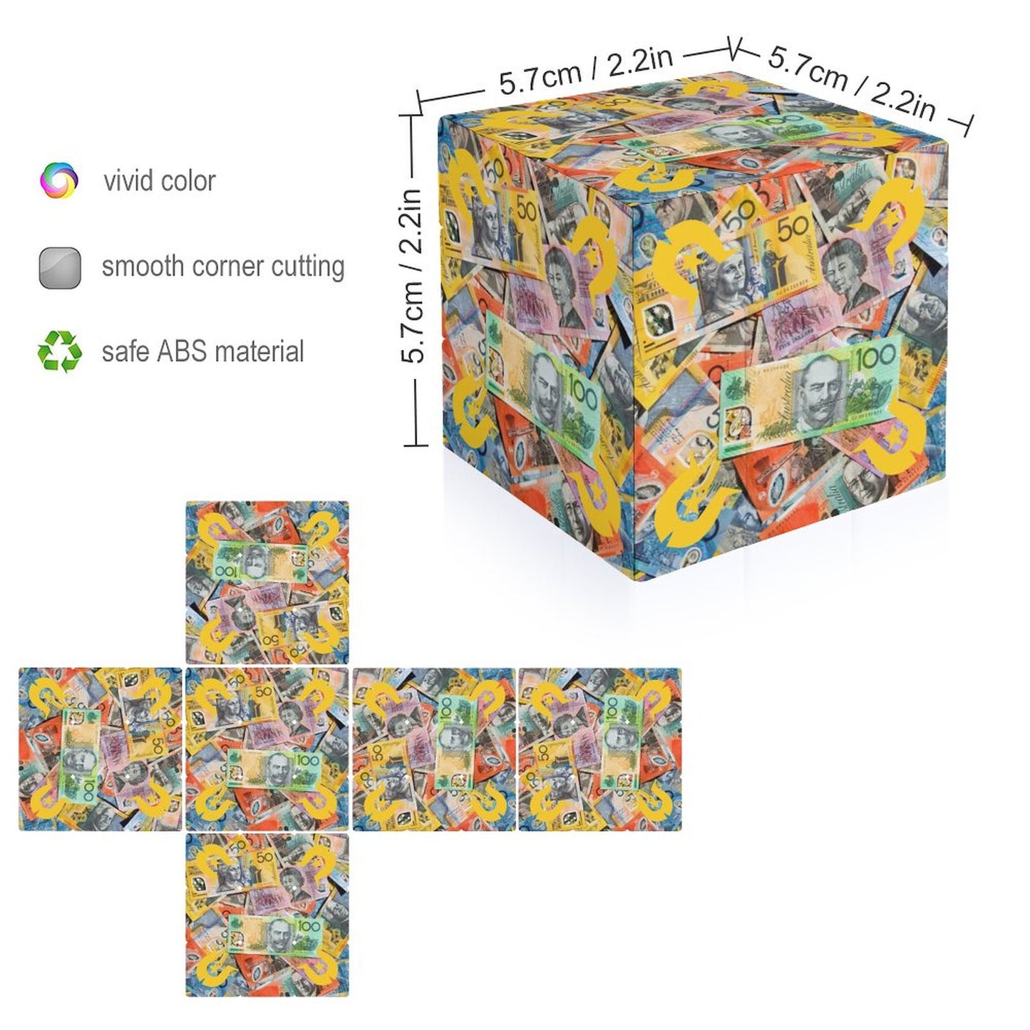 Gold coloured Dhari with Australian money (Version 2) on 3x3 Magic Cube (One-sided Printing)