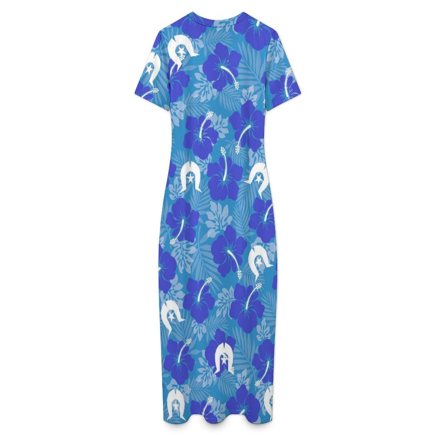 Hibiscus flowers with Dhari (Royal blue) on Short Sleeve Bodycon Maxi Dress
