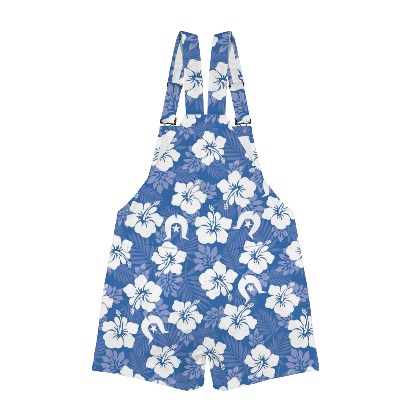 White Hibiscus flowers with Dhari (Blue) on Unisex Suspender Jumpsuit