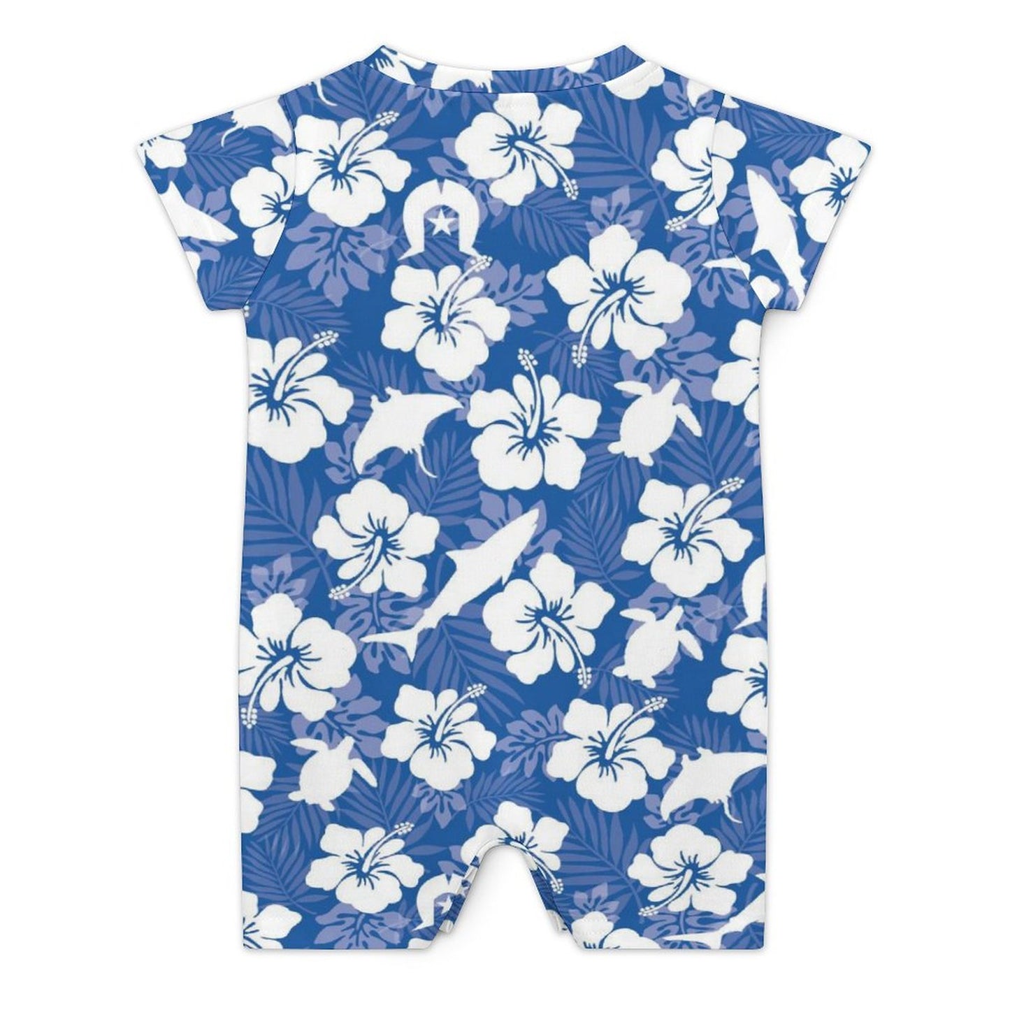 White hibiscus flowers with Dhari, Shark, turtle, and stingray (Blue) on Faux Cotton Short Sleeve Baby Bodysuit Romper