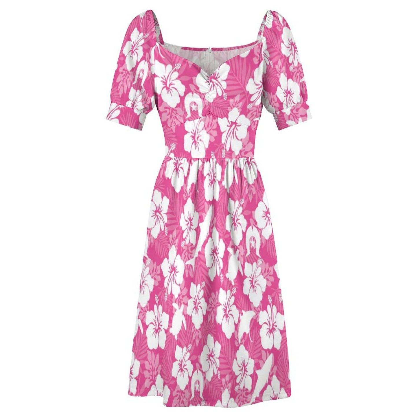 White hibiscus flowers with Dhari, Shark, turtle, and stingray (Pink) on Short Sleeve V Neck Lovely Dress