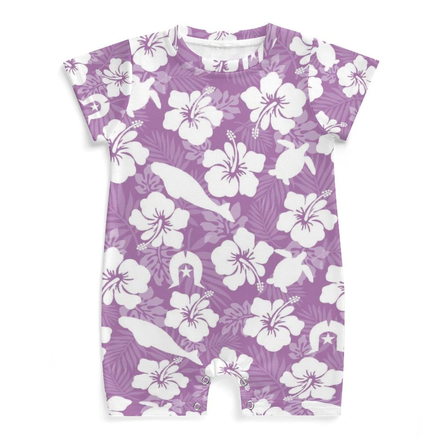 White hibiscus flowers with Dhari, Shark and Turtle (Purple) on Faux Cotton Short Sleeve Baby Bodysuit Romper