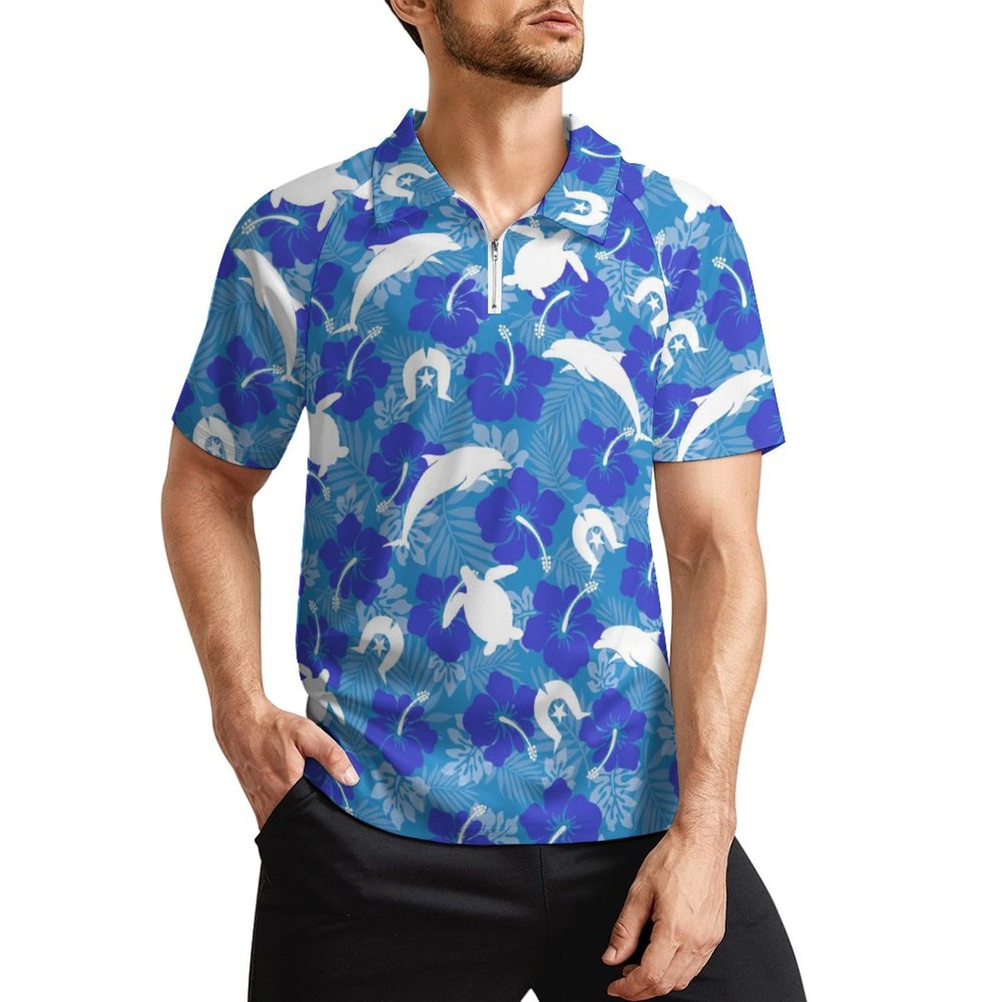 Hibiscus flowers with Dolphin, Squid and Dhari (Royal blue) on Short Sleeved Sportswear Men's T Shirt