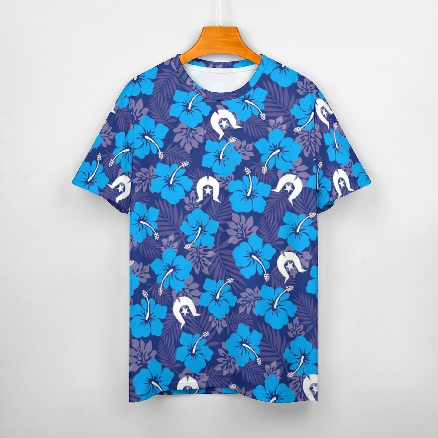 Hibiscus flowers with White Dhari (Royal blue) on Cotton Summer Short Sleeve T-Shirts for Women