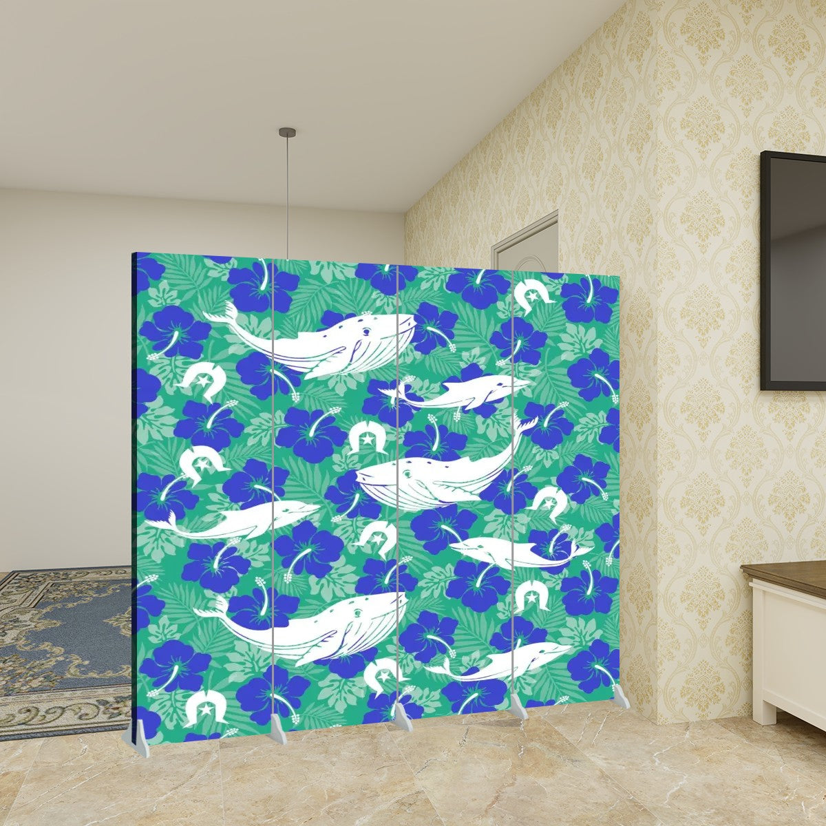 Royal Blue Hibiscus flowers with Whale, Dolphin and Dhari on Room Divider Folding Screen 4 Panel
