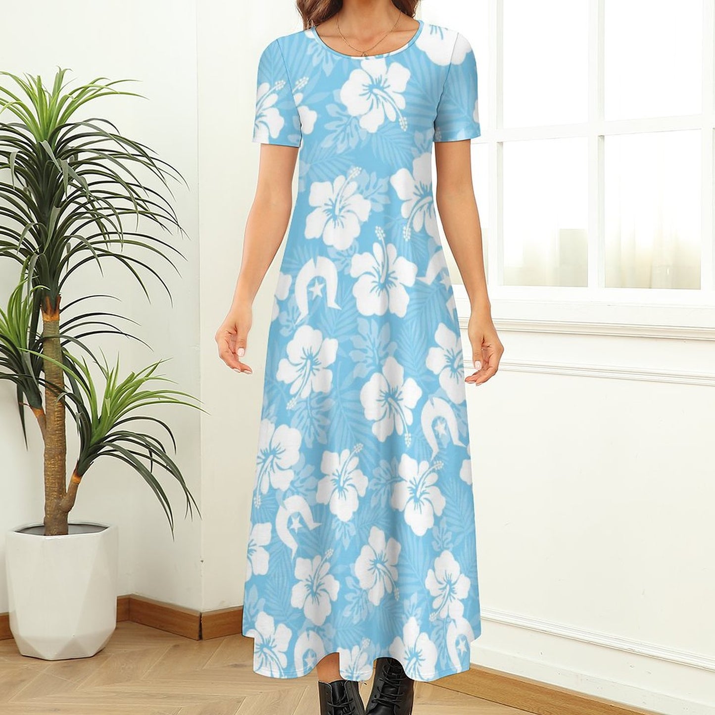 White Hibiscus and Dhari (blue) on Round Neck Short Sleeve Dress